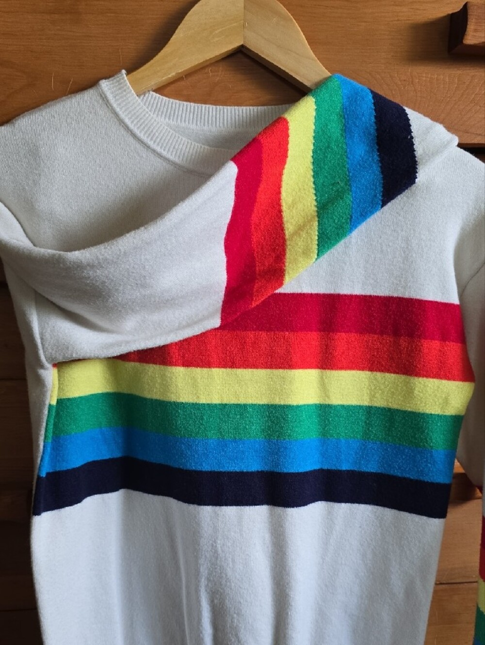 Retro Rainbow Stripe White Crewneck Knit Sweater Pullover, SMALL - Picture 2 of 5